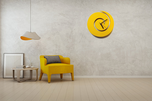 3D rendering of interior with yellow armchair, coffee table and lamp